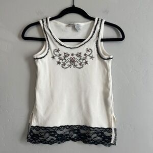 Mary-Kate and Ashley Y2K Ribbed Tank Lace Trim Sequins Embroidered Size S